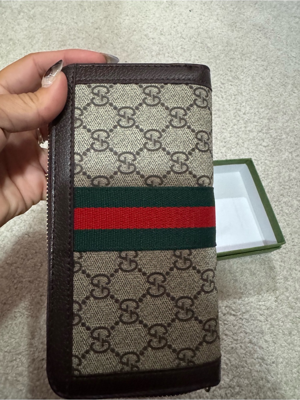 Gucci Brown GG Canvas Zip Card Holder with Green-Red Web